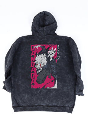 Oversize Okarun ve Turbo Granny Sırt Baskılı Kapüşonlu Yıkamalı Sweatshirt, Dandadan Anime Hoodie