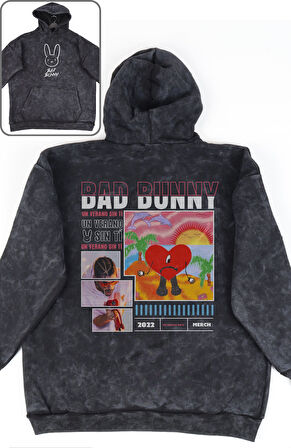 Oversize Bad Bunny Sırt Baskılı Kapüşonlu Yıkamalı Sweatshirt, Unisex Rapper Temalı Retro Hoodie