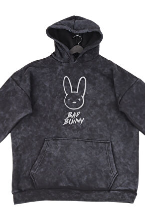 Oversize Bad Bunny Sırt Baskılı Kapüşonlu Yıkamalı Sweatshirt, Unisex Rapper Temalı Retro Hoodie