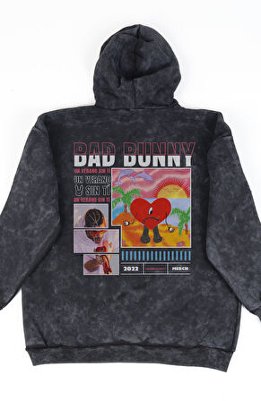 Oversize Bad Bunny Sırt Baskılı Kapüşonlu Yıkamalı Sweatshirt, Unisex Rapper Temalı Retro Hoodie