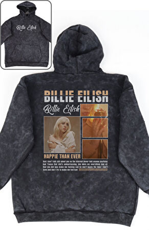 Oversize Billie Eilish Sırt Baskılı Kapüşonlu Yıkamalı Sweatshirt, Unisex Şarkıcı Temalı Hoodie