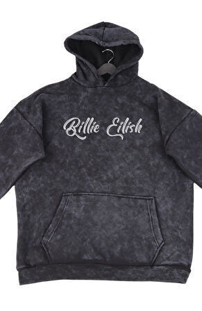 Oversize Billie Eilish Sırt Baskılı Kapüşonlu Yıkamalı Sweatshirt, Unisex Şarkıcı Temalı Hoodie