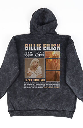 Oversize Billie Eilish Sırt Baskılı Kapüşonlu Yıkamalı Sweatshirt, Unisex Şarkıcı Temalı Hoodie