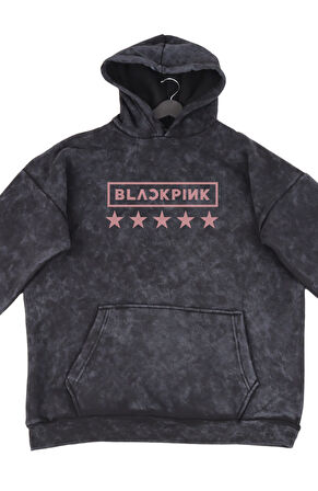 Oversize Blackpink Sırt Baskılı Kapüşonlu Yıkamalı Sweatshirt, Unisex K Pop Temalı Vintage Hoodie