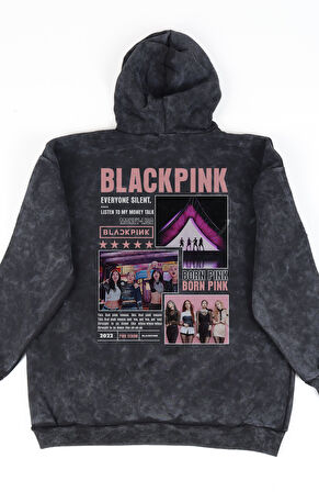 Oversize Blackpink Sırt Baskılı Kapüşonlu Yıkamalı Sweatshirt, Unisex K Pop Temalı Vintage Hoodie