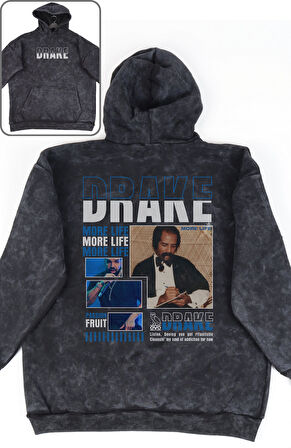 Oversize Drake Sırt Baskılı Kapüşonlu Yıkamalı Sweatshirt, Unisex Rapper Temalı Eskitme Hoodie