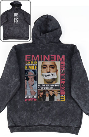 Oversize Eminem Slim Shady Sırt Baskılı Kapüşonlu Yıkamalı Sweatshirt, Unisex Rapper Temalı Hoodie