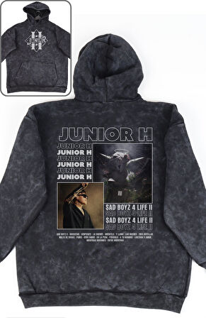 Unisex Junior H Sırt Baskılı Kapüşonlu Yıkamalı Sweatshirt, Oversize Şarkıcı Temalı Retro Hoodie