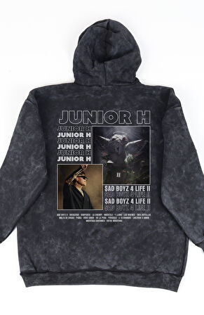 Unisex Junior H Sırt Baskılı Kapüşonlu Yıkamalı Sweatshirt, Oversize Şarkıcı Temalı Retro Hoodie