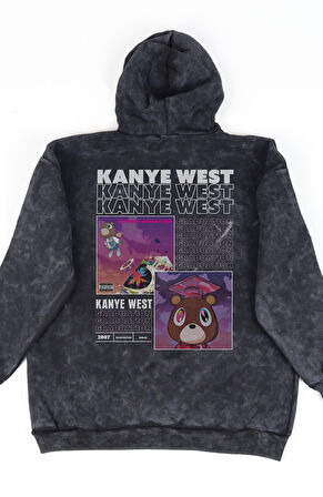 Unisex Graduation Albüm Sırt Baskılı Kapüşonlu Yıkamalı Sweatshirt, Oversize Kanye West Hoodie