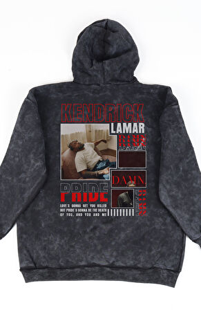 Unisex Kendrick Lamar Sırt Baskılı Kapüşonlu Yıkamalı Sweatshirt, Oversize Rapper Temalı Hoodie