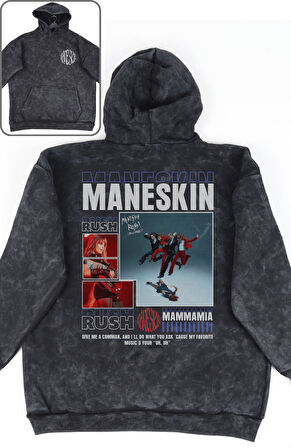 Unisex Maneskin Sırt Baskılı Kapüşonlu Yıkamalı Sweatshirt, Oversize Müzik Grubu Temalı Hoodie