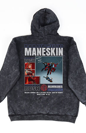 Unisex Maneskin Sırt Baskılı Kapüşonlu Yıkamalı Sweatshirt, Oversize Müzik Grubu Temalı Hoodie