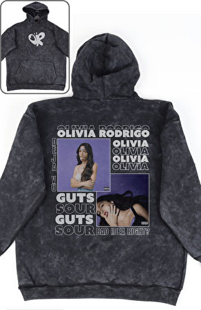 Unisex Olivia Rdrigo Sırt Baskılı Kapüşonlu Yıkamalı Sweatshirt, Oversize Guts Albüm OR Hoodie