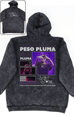 Unisex Peso Pluma Sırt Baskılı Kapüşonlu Yıkamalı Sweatshirt, Oversize Rapper Temalı Retro Hoodie