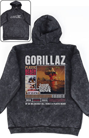 Unisex Plastic Beach Albüm Sırt Baskılı Kapüşonlu Yıkamalı Sweatshirt, Oversize Gorillaz Hoodie