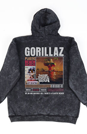 Unisex Plastic Beach Albüm Sırt Baskılı Kapüşonlu Yıkamalı Sweatshirt, Oversize Gorillaz Hoodie