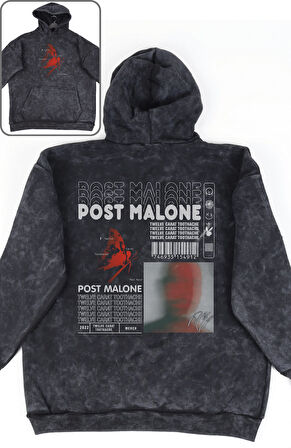 Unisex Post Malone Sırt Baskılı Kapüşonlu Yıkamalı Sweatshirt, Oversize Rapper Temalı Retro Hoodie