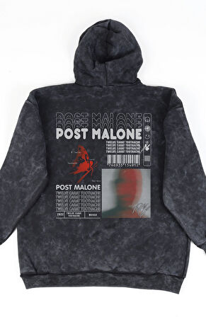 Unisex Post Malone Sırt Baskılı Kapüşonlu Yıkamalı Sweatshirt, Oversize Rapper Temalı Retro Hoodie