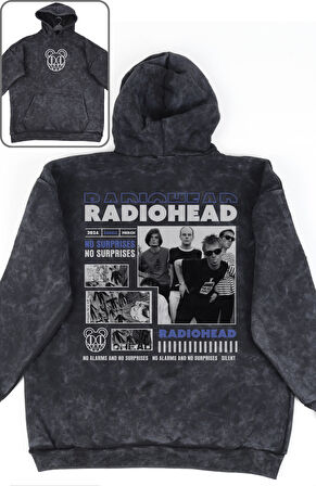 Unisex Radiohead Sırt Baskılı Kapüşonlu Yıkamalı Sweatshirt, Oversize Rock Band Temalı Retro Hoodie