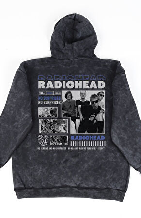 Unisex Radiohead Sırt Baskılı Kapüşonlu Yıkamalı Sweatshirt, Oversize Rock Band Temalı Retro Hoodie