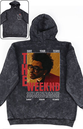 Unisex The Weeknd Sırt Baskılı Kapüşonlu Yıkamalı Sweatshirt,Oversize Şarkıcı Temalı Vintage Hoodie