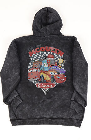 Unisex Cars Yazılı Sırt Baskılı Kapüşonlu Yıkamalı Sweatshirt,Oversize Şimşek Arabalar Retro Hoodie