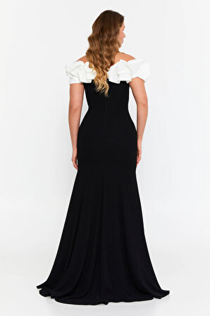 Şeref Vural Kadın Büyük Beden Derin Yırtmaçlı Balık Form Maxi Abiye Elbise 8319 Siyah-Beyaz