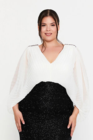 Şeref Vural Kadın Büyük Beden Ön-Arka V Yaka Simli Kumaş Maxi Abiye Elbise 8429 Siyah-Beyaz