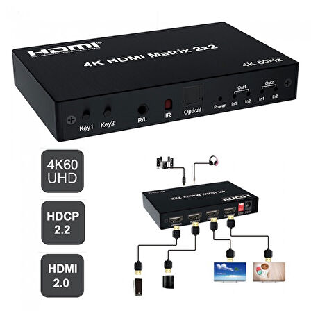 2x2 HDMI matrix 4K 60Hz değiştirici 2 in 2 out optik & R/L ses çıkışı