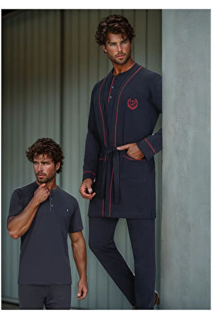 Erkek %100 Pamuklu 5 Parça Kutulu Robdöşambr & Yazlık - Kışlık Pijama Takımı Set L1.ANC.6610.01