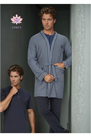 Erkek %100 Pamuk Penye 3 Parça Kutulu Robdöşambr & Uzun Kollu Pijama Takımı Set L1.ANC.355.01
