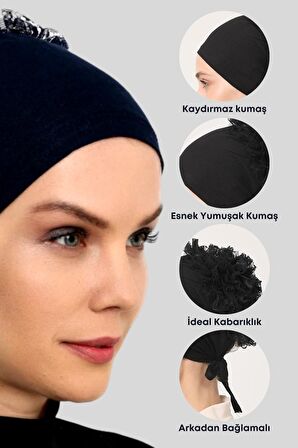 Kadın 3 Adet Fırfırlı Bone Siyah Günlük Tesettür Giyim Başörtüsü Hazır Türban Eşarp Şal