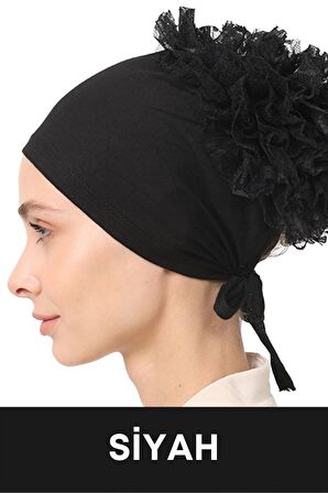 Kadın 3 Adet Fırfırlı Bone Siyah Günlük Tesettür Giyim Başörtüsü Hazır Türban Eşarp Şal