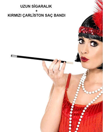 Nessiworld 1920&amp;#39;ler 1990&amp;#39;lar Gatsby Kadın Aksesuar Seti – Kırmızı Charleston Saç Bandı ve Sigaralık