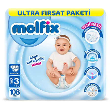 Nessiworld Molfix Bebek Bezi Ultra Fırsat Paketi 3 Beden 4-9 Kg 108 Adet