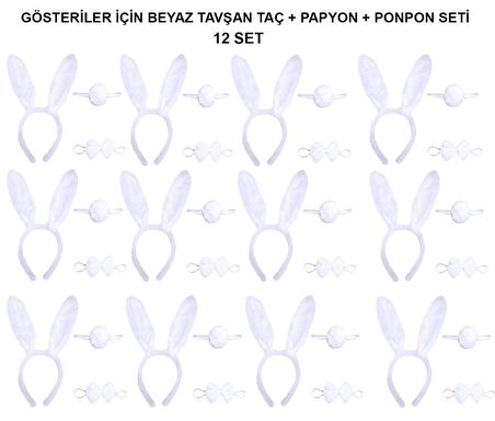 Nessiworld Beyaz Tavşan Kostüm Seti – Taç, Papyon, Kuyruk (12’li Paket)