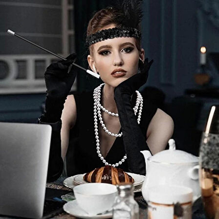 Nessiworld 1920&amp;#39;ler Gatsby Aksesuar Seti – Siyah Charleston Saç Bandı, Uzun Eldiven &amp; Sigaralık