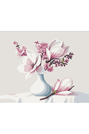Sayılarla Boyama Seti 40x50 Cm (Çıtalı) Fırça Boya Dahil Numaralı Tuval Beyaz Vazo Beyaz Pembe Lale