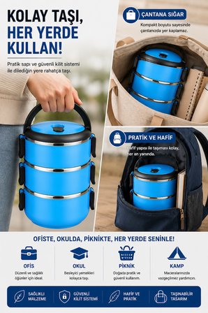 SAS HAUS 3 Katlı Paslanmaz Çelik Yemek Kabı 1800 ML Sızdırmaz Kapaklı Taşınabilir Lunch Box