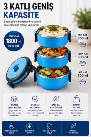 SAS HAUS 3 Katlı Paslanmaz Çelik Yemek Kabı 1800 ML Sızdırmaz Kapaklı Taşınabilir Lunch Box