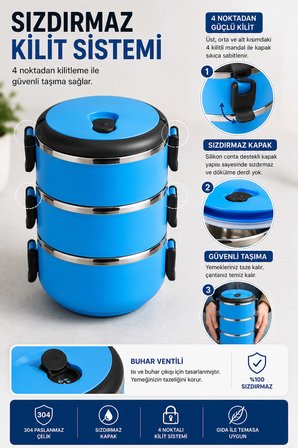 SAS HAUS 3 Katlı Paslanmaz Çelik Yemek Kabı 1800 ML Sızdırmaz Kapaklı Taşınabilir Lunch Box