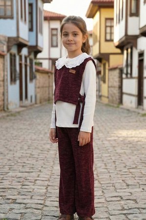 Kız Çocuk Dantel Yaka Penyeli Süveterli Alt Üst Takım
