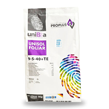 Unibba Unisol Foliar Npk Yaprak Gübresi 9-5-40+Te 1 Kg