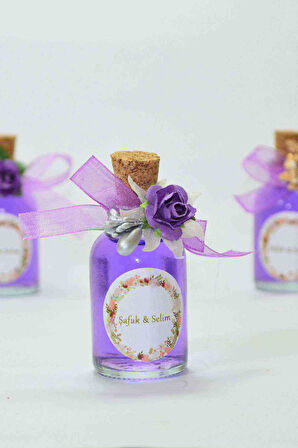 25 Adet Çiçekli Hediyelik Kolonya Şişesi, Nikah Şekeri, Bebek Şekeri - Gümüş Mor