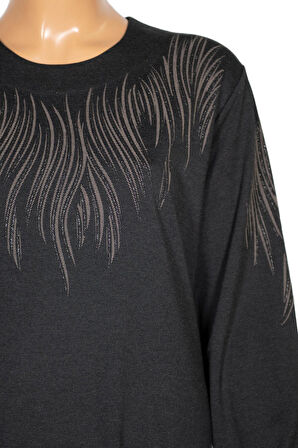 Hesna Kadın Ferda Kışlık Battal Beden Boydan Baskılı Siyah Elbise