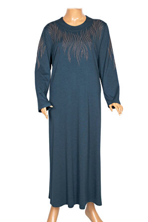 Hesna Kadın Ferda Kışlık Battal Beden Boydan Baskılı Petrol Elbise