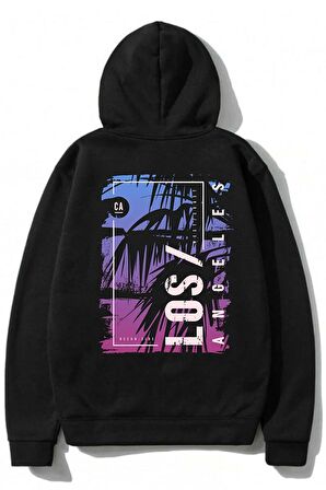 Unisex Los Angeles Siyah Kapüşonlu % 100 Pamuk 3 Iplik Hoodie Sweatshirt