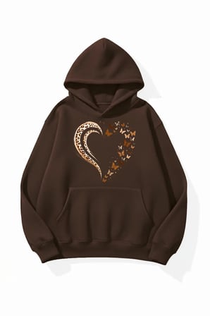 Unisex Yumuşak Dokulu Leopar ve Kelebek Kalp Baskılı Tasarım Oversize 3 İplik Hoodie Sweatshirt