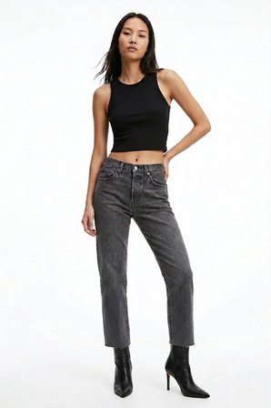 Kadın 501 Minimalist Crop Jean Pantolon - Yüksek Bel-skük paça detaylı --0001 Siyah / 25/28